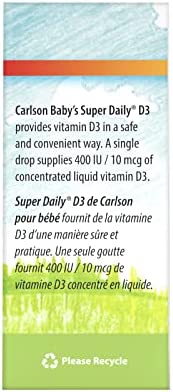 Carlson - Baby's Super Daily D3, Baby Vitamin D Drops, 400 IU (10 mcg) per Drop, 1-Year Supply, Vegetarian, Liquid Vitamin D Drops for Infants and Toddlers, Unflavored, 365 Drops