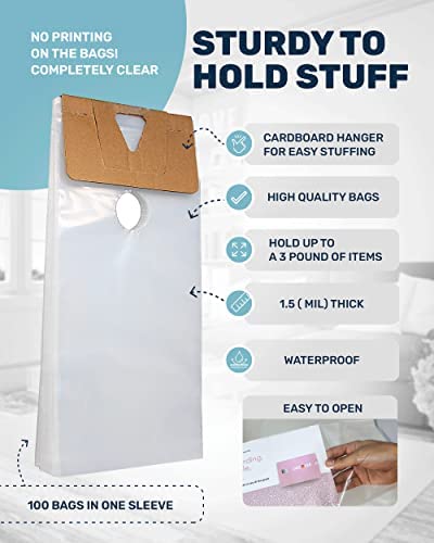 Skywin 100 Plastic Door Hanger Bags 6 x 12 inches - Clear Door Hanger Bags Protects Flyers, Brochures, Notices, Printed Materials - Waterproof and Secure Door Knob Hanger for Outdoor Use (100)