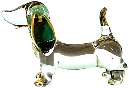 Sansukjai Dachshund Miniature Figurines Dog Animals Hand Blown Glass Art Gold Trim Collectible Gift Decorate (Clear Gold)