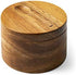 DecoVibe Acacia Salt Box Divided with Magnetic Swivel - 2-Compartment Wooden Spice Cellar - Elegant Wood Storage Keeper for Condiments, Seasoning, Pepper - Attached Spoon on Lid Cover - 3.9x3.9x2.5"