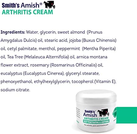 SMITH'S AMISH Arthritis Cream 4 oz jar. Soothing and Cooling, with Botanicals of Arnica, Peppermint, Tea Tree, Rosemary and Eucalyptus