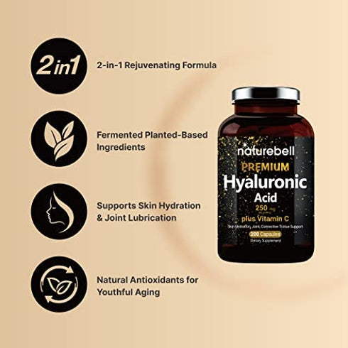 2 Pack NatureBell Hyaluronic Acid Supplement, 250mg Hyaluronic Acid with 25mg Vitamin C Per Serving, 200 Capsules, 2 in 1 Formula, Supports Skin Hydration, Joints Lubrication and Antioxidant, No GMOs