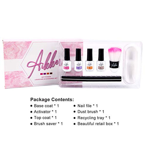 Aikker Dip Powder Gel Liquid Set 7pcs Base Top Coat Activator Dipping Powder Tools Kit with Recycling Tray Nail Brush File AK19