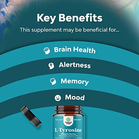 Potent L Tyrosine 500mg Capsules - Amino Acid Nutritional Supplement for Brain Health Thyroid Support - L-Tyrosine 500mg Brain Supplement for Memory and Focus Support