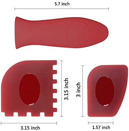WeTest 2 Silicone Hot Handle Cover, 2 Plastic Grill Pan Scrapers, 2 Plastic Pan Scrapers for Cast Iron Skillets, Frying Pans and Griddles, Red (6 Pack Scraper Plastic Set R)