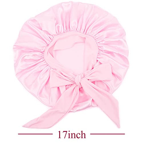 Satin Bonnet Silk Bonnet with Elastic Tie Band Adjustable Straps Hair Bonnet Jumbo Size for Sleeping Satin Bonnet Stretchy Tie Band for Women Long Curly Braid Hair (Pink)