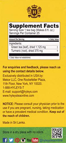 Hyleys Wellness Turmeric with Green Tea - 25 Tea Bags (100% Natural, Sugar Free, Gluten Free and Non-GMO)