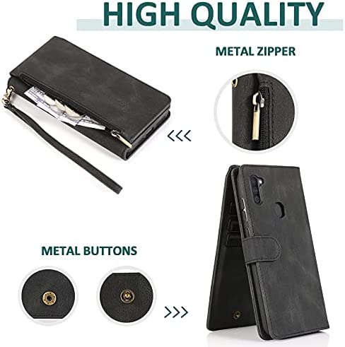 Compatible with Samsung Galaxy A11 Wallet Case and Tempered Glass Screen Protector Zipper Leather Flip Cover Card Holder Stand Cell Accessories Phone Cases for Glaxay A 11 Gaxaly 11A Women Men Black