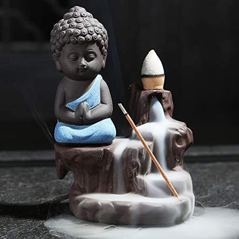 JULAN Incense Burner Backflow Tower Cones Incense Stick Holder Ceramic Porcelain Buddha Waterfall Monk Ash Catcher with 40 Backflow Incense Cones for Home Office Yoga Decor Aromatherapy Ornament