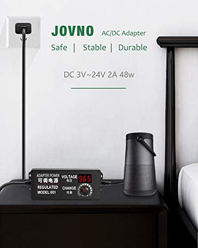 JOVNO Universal Power Supply 3V-24V 2A 48W Adjustable AC/DC Adapter 100~240V AC to DC 5V 9V 12V 15V 19V 20V with LED Display 14 Plugs 1 Reverse Polarity Converter Cable for LED Strips Motors Speaks