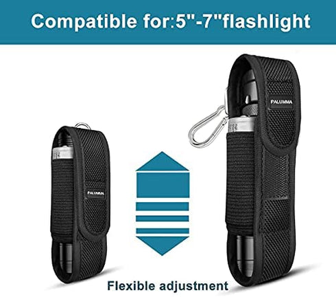 PALUMMA Nylon Flashlight Pouch Holster with Carabiner, Flexible Adjustment Flashlight Belt Holder for Most Brands Size Up to 7 inches
