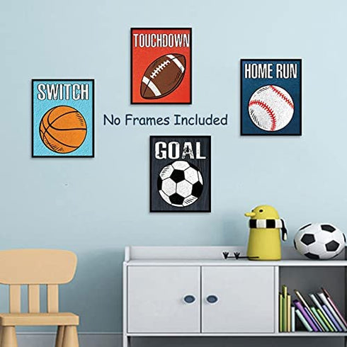 CHDITB Unframed Sports Themed Wall Art Print Modern Balls Art Picture, Set of 4 (8" x10" ) Canvas Gym Ball Posters For Boy Room Nursery Sport Room Decor, Basketball Boys Gift For Man