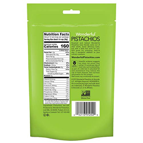Wonderful Pistachios, No Shells, Roasted and Salted Nuts, 12 Ounce Resealable Bag, Good Source of Protein, Gluten Free, On-the Go-Snack