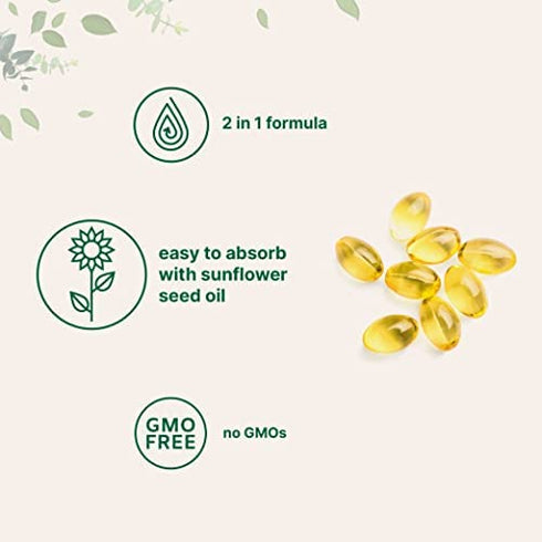 Vitamin D3 5000IU Plus K2, 2 in 1 Formula, Vitamin D3 with MK7 Vitamin K2, 300 Soft-Gels, Immune Vitamin Complex with Virgin Sunflower Seed Oil, Support Heart, Teeth & Joint Health, Easy to Swallow