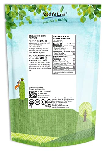 Organic Tart Cherry Powder, 4 Ounces – Non-GMO, Raw, Kosher, Vegan Superfood, Bulk, Rich in Antioxidants, Great for Juices, Drinks, and Smoothies, Contains Maltodextrin