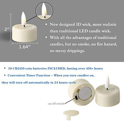 Eywamage Batteries Included Flameless Tealight Candles Set of 10, Flickering Timer Led Tea Votive Candle, Real Wax Ivory D 1.6"