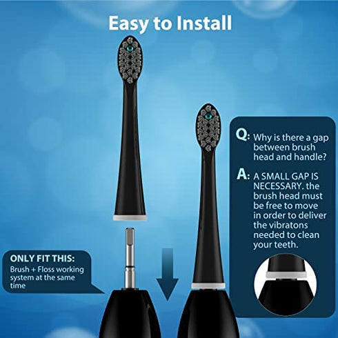 Replacement Flossing Toothbrush Heads - Compact Floss Brush Head with Crystal Cap- 3 Count - Black