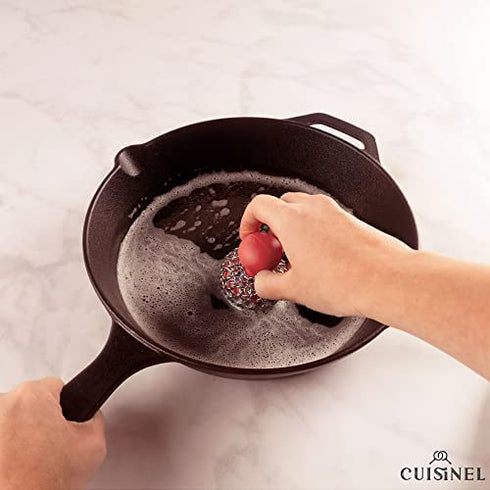 Cast Iron Chainmail Scrubber + Pan Scraper - Ergonomic Stainless and Silicone Cleaner for Pots and Skillets - Premium Food-Safe Design - Easy to Clean Dishwasher Safe Cookware Sponge Kitchen Accessory