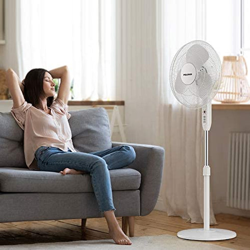 PELONIS 2021 16'' Pedestal Remote Control Oscillating Stand Up Fan 7-Hour Timer, 3-Speed and Adjustable Height, PFS40A4BWW, Supreme 16"-White
