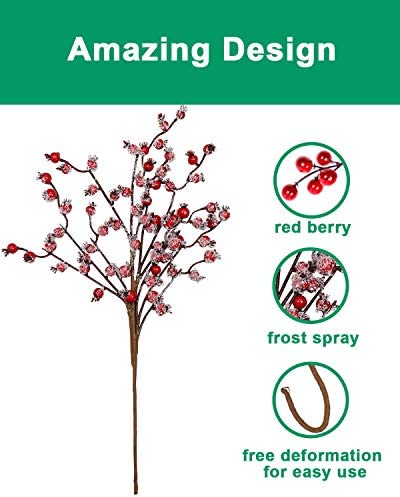 4 Pack Artificial Red Berry Picks - 17 Inch Christmas Frost Red Berries Spray Branches, Christmas Tree Decorations, Winter Holiday Home Decor