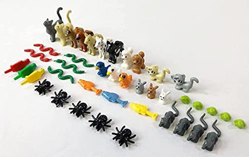 42 Friends Animal Pet Pack, Toy Building Blocks Accessories Fits Lego Minifigures - 100% Compatible - Includes: Dogs Cats Fish Snakes Rabbits Birds Frogs Spiders Owls Mice & More