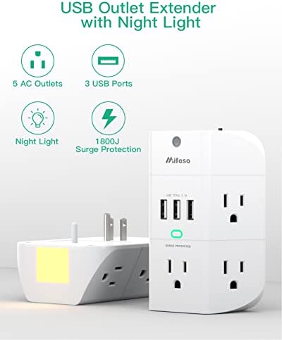Outlet Extender with Night Light, 5-Outlet Surge Protector with 3 USB Charging Ports, 1800J Power Strip Multi Plug Outlets Wall Adapter Expander with Spaced Outlets for Home, School, Office
