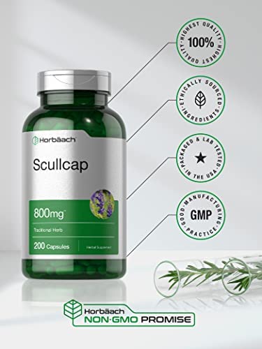 Scullcap Capsules | 800 mg | 200 Count | Max Potency, Value Size | Non-GMO and Gluten Free Scullcap Herb Supplement | Scutellaria Baicalensis | by Horbaach
