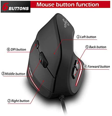 ZLOT Wired Vertical Mouse,Ergonomic Design USB LED Optical Mouse with 6 Buttons and 4 Adjustable Sensitivity 1200/1600/2400/3200 DPI for Office, Gaming, PC, Computer,Laptop,Desktop,Black …