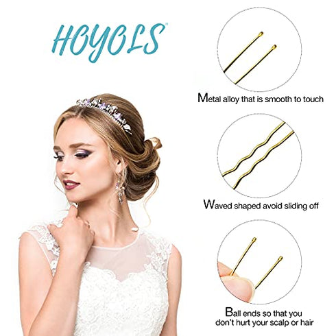 Hoyols U Shaped Hair Pins Blonde, Assorted Size U Shape Bobby Pins, Metal Bun Clips Crimped Design with Ball Tips for Buns Women Girls Grips Hairstyle Updo Thin Thick Hair Gold, 150 Count (Blonde)