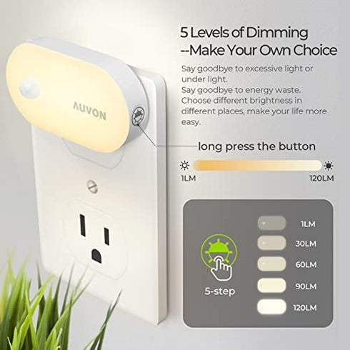 AUVON Night Light Plug in, Bright Motion Sensor Night Light (120 Lumens), Dimmable Smart LED Night Lights Plug Into Wall, 1-120lm Brightness Nightlight for Bathroom, Hallway, Garage, Toilet (4 Pack)