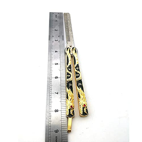 WANLIAN Dragon Butterfly Comb Trainer-Balisong Comb,Butterfly Comb Stainless Steel Folding Training Practice Combs Hair Styling Tools for Sport Outdoor Use (Black gold dragon)