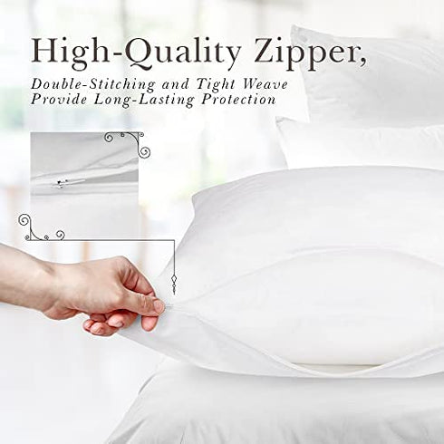 White Classic Luxury Hotel Collection Zippered Style Pillow Cover, 200 Thread Count, Soft Quiet Zippered Pillow Protectors, Standard Size, Set of 2
