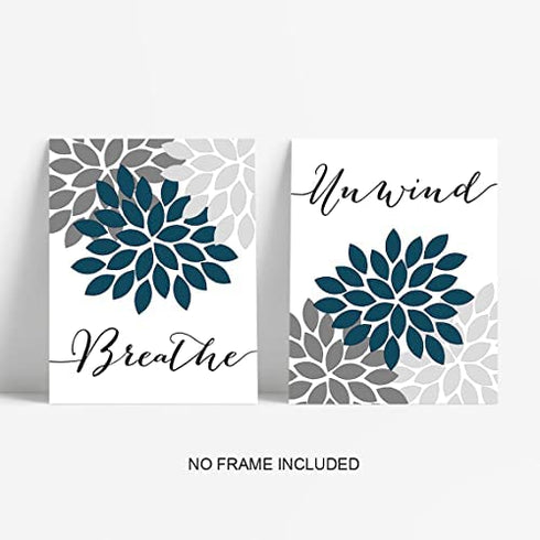 Relax Soak Unwind Breathe Bathroom Wall Decor, Bathroom Wall Art, Bathroom Pictures Wall Decor, Bathroom Decor Wall Art, Teal Blue Bathroom Decor, Bathroom Decor (Set of 4, 8X10in, Unframed)