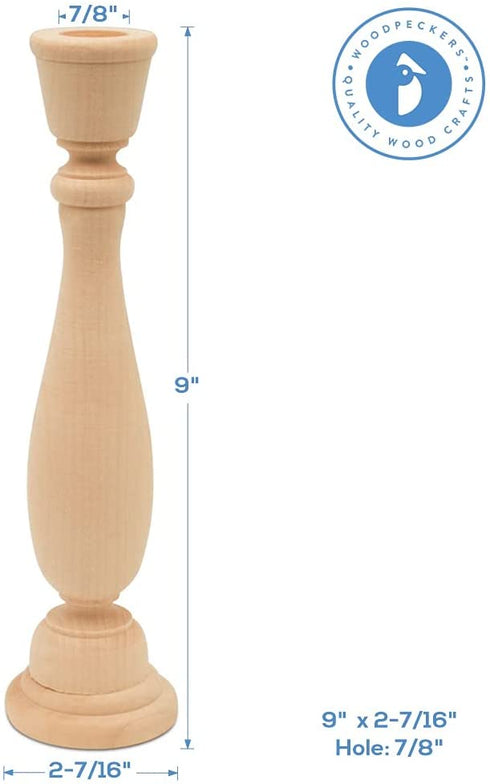 Woodpeckers Unfinished Wood Candlestick Holders 9 inch Tall with 7/8 inch Hole, Set of 2 Classic Craft Candlesticks to Paint or Decorate