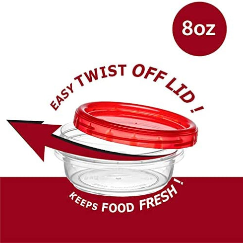 Elegant Disposables (8 Ounce 10 Pack) Twist cap Deli Containers Clear Bottom With Red Top Screw on Lids Twist Top Food Storage Freezer Containers