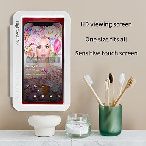 HighTech Go Shower Phone Holder Waterproof, Bathroom Phone Case - Wall-Mounted Mobiles Holder Compatible with Cell Phones Such as iPhone 13 Pro, 12 11 XS XR 8 7 6 5 4, Galaxy, Xperia (White)