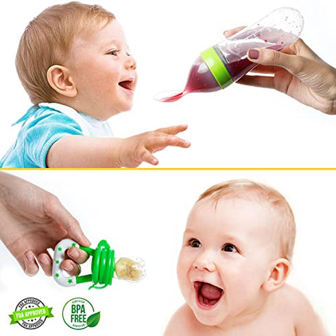 Gedebey Fruit Feeder Pacifier for Babies - 3 Pack | 2 Baby Food Teether Feeder & 1 Baby Spoon Bottle Feeder | Silicone Teether Feeder | Silicone Baby Feeding Spoon | Baby Fruit Pacifier Feeder (Green)