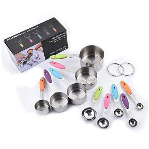 10 Piece Stainless Steel Measuring Cups and Spoons Set with Scrub Sponge Including 5 Piece Measuring Cups and 5 Piece Measuring Spoons, for Dry and Liquid Ingredients