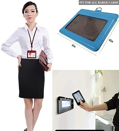 Lucstar Professional ID Badge Holder with Clip Lanyard Horizontal,Genuine Leather Badge Holder Heavy Duty, Clear Window Coach Name Holder for Women Men Work Student ID, Nurse Company(Azure)