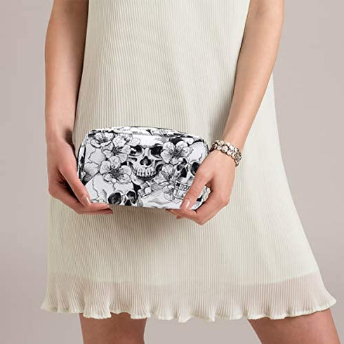 ZOEO Makeup Pouch Sugar Skull Mexican Floral Halloween Mini Makeup Bag Organizer Travel Zip Toiletry Bag Small Cosmetic Train Case Beauty Bag for Teens Girls Women Black White