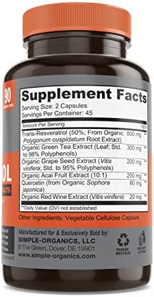 Resveratrol 1600mg per Serving of Organic Trans-Resveratrol & Potent Antioxidants, Pure Extra Strength Complex, Anti-Aging, Radiant Skin, Immunity Support- 90 Capsules- 45 Day Supply
