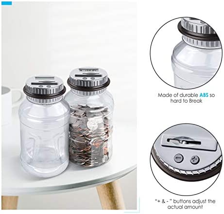 Large Piggy Bank for Boys Adults, Vcertcpl Digital Coin Counting Bank with LCD Counter, 1.8L Capacity Coin Bank Money Jar for Adults, Designed for All US Coins (Gray)