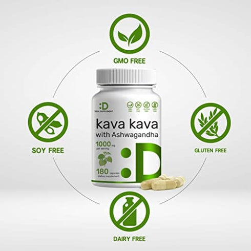 Kava Kava with Ashwagandha, 1000mg Per Serv, 180 Capsules | 5% Active Kavalactones | Ashwagandha Root + Piper Methysticum Extract (Root), 3 Months Supply, Support Relaxation & Positive Mood