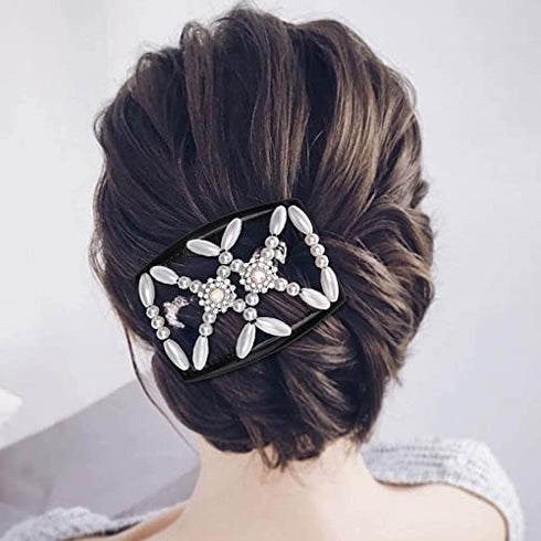 Aethland 4 Pcs Hair Combs for Women Accessories, Comby Magic Hair Comb for Women Wood Beaded Stretch Double Hair Side Combs Clips Elastic Beaded Hairpins Combs (Set A)