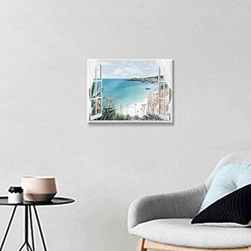 Hardy Gallery Coastal Painting Seascape Wall Art: Open Window View Picture Blue Ocean & Beach Artwork on Canvas for Bedroom (16'' x 12'' x 1 Panel)