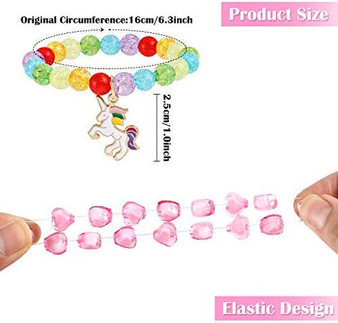 G.C 10 PCS Girls Kids Rainbow Beaded Bracelet with Cute Unicorn Rainbow Heart Star Pendant Stretchy Costume Jewelry Set Gift Play Party Favors Present Friendship Jewelry for Baby Toddler Little Girl