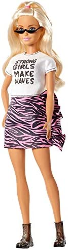 Barbie Fashionistas Doll #148 with Long White Blonde Hair Wearing Graphic T-Shirt, Pink Animal-Print Skirt, Translucent Black Shoes & Sunglasses, Toy for Kids 3 to 8 Years Old