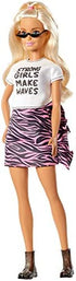 Barbie Fashionistas Doll #148 with Long White Blonde Hair Wearing Graphic T-Shirt, Pink Animal-Print Skirt, Translucent Black Shoes & Sunglasses, Toy for Kids 3 to 8 Years Old