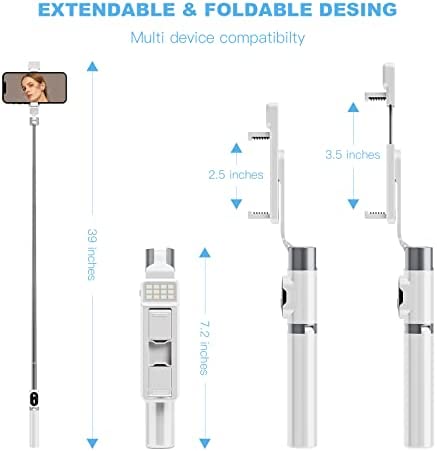 ACEHE Selfie Stick for iPhone Wireless Bluetooth Tripod Selfie Stick with LED Light Detachable Remote 360 Rotation Compatible with iPhone 13/13 Pro/12/11/XR/X/Pro Max/Mini, Android Smartphone -White