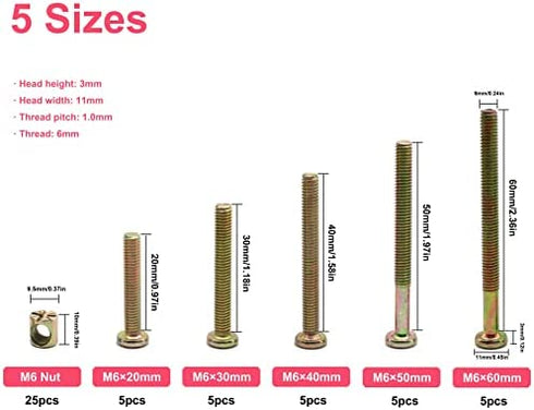 M6 Baby Crib Hardware Replacement Kit, cSeao 50pcs Socket Cap Bolts Barrel Nuts Assortment Kit for Bunk Bed Furniture Chairs, M6x20mm/ 30mm/ 40mm/ 50mm/ 60mm